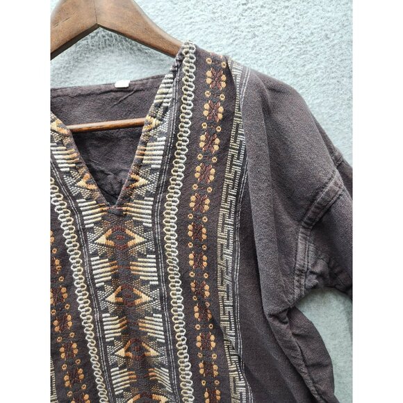 Vintage Boho-Inspired Brown Tunic Top With Tribal Embroidery 3/4 Sleeves V-Neck - Picture 2 of 6